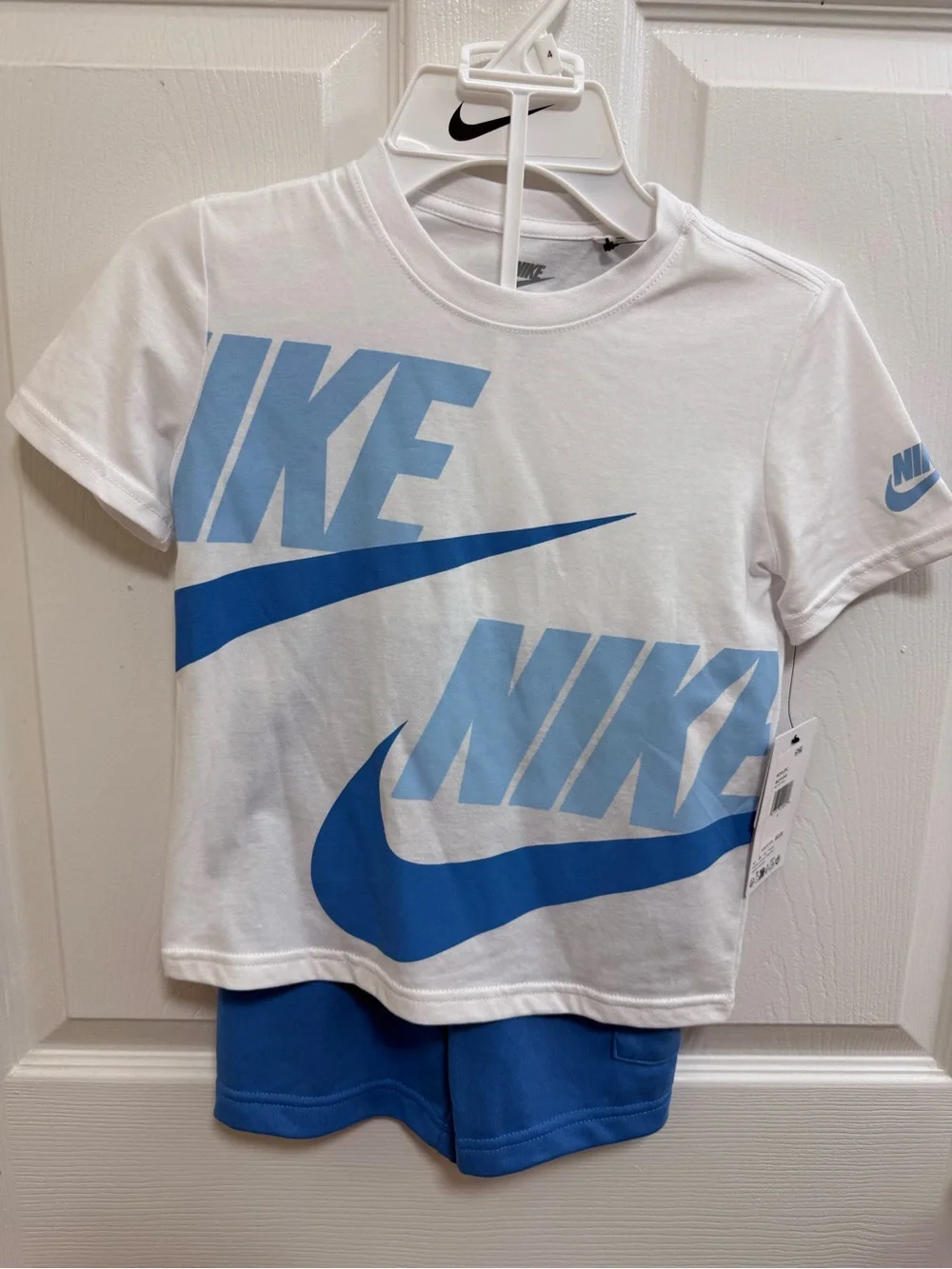 NWT Nike Kids' White & Blue Logo Tee and Short Set, Size 4
